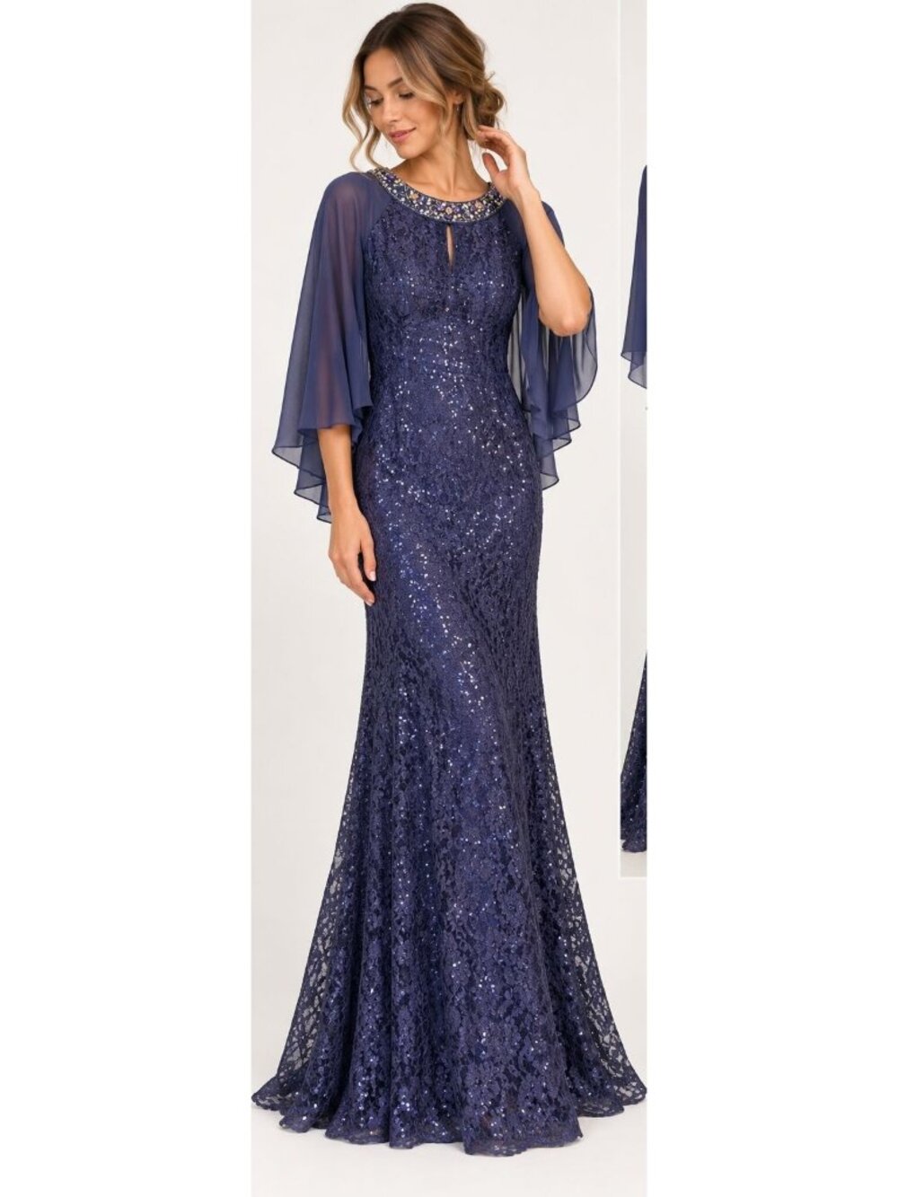 SLNY Women 6 Navy Blue Lace Sequin Evening Gown Wedding Guest Holiday Work Party